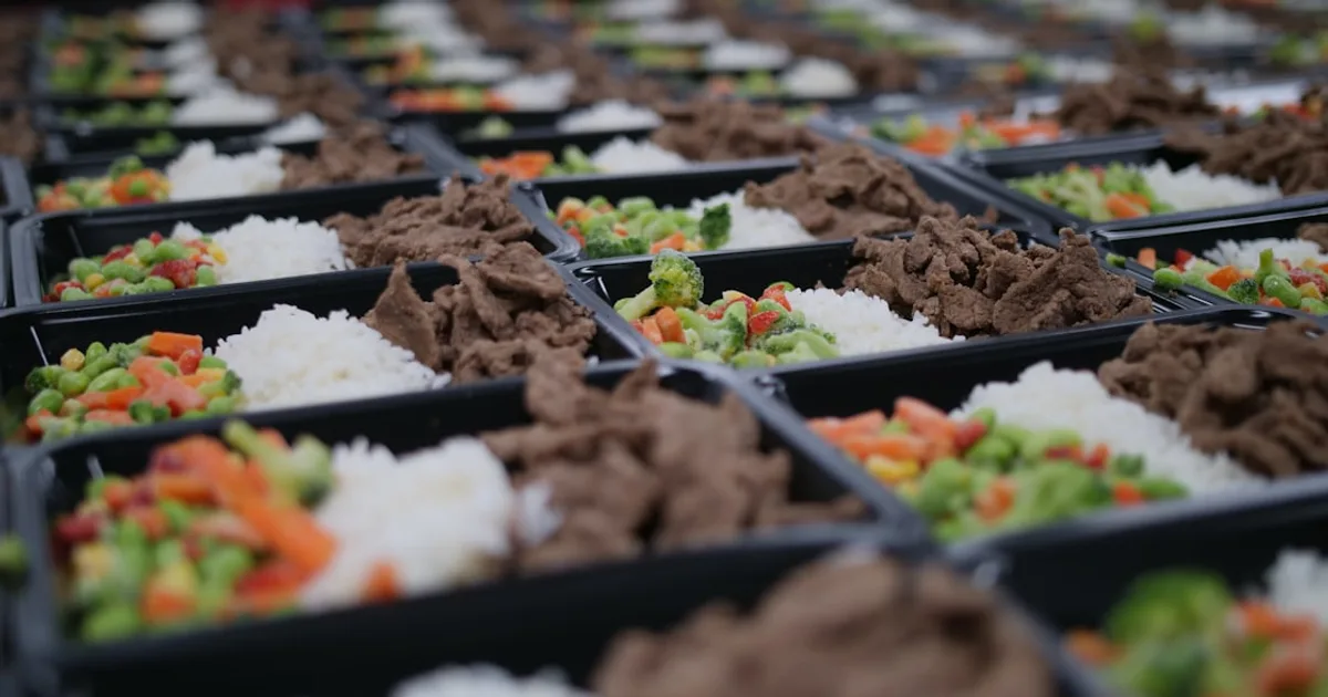 Deportista preparando su comida pre-competición con arroz, pollo y verduras